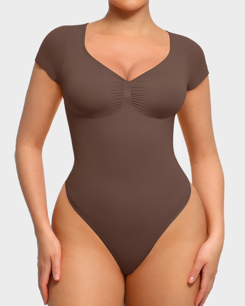 Women's V Neck Tummy Control Seamless Bodysuit Short Sleeve Thong Shapewear