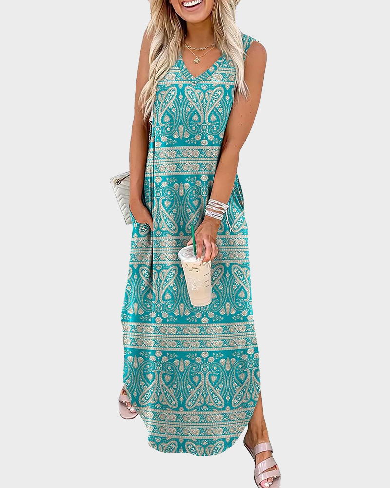 Summer Casual Floral Maxi Dress Vacation Beach Sundress with Pockets