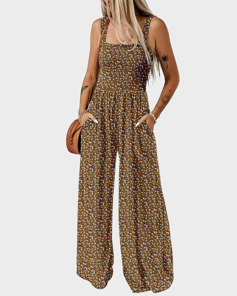 Bohemian Loose Sleeveless Printed Wide Leg Jumpsuit with Pockets Casual Romper