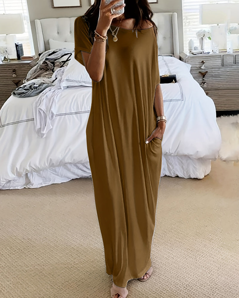 Batwing Sleeve Casual Lounge Dress Comfy Short Sleeve Nightdress