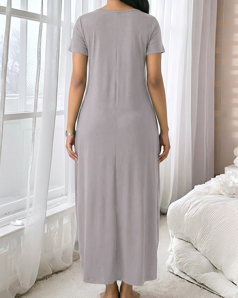 Fitted Short Sleeve Pocket Soft Loungewear Sleepwear Dress