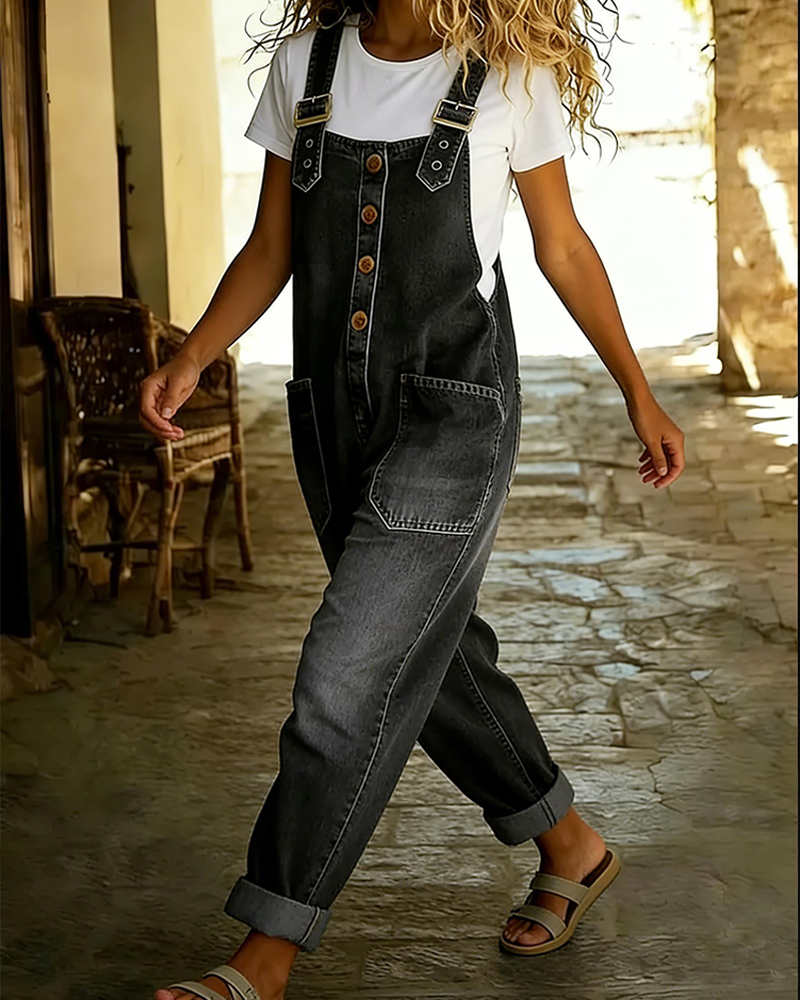 Y2K Vintage Loose Wide Leg Denim Button Front One Piece Romper Overalls