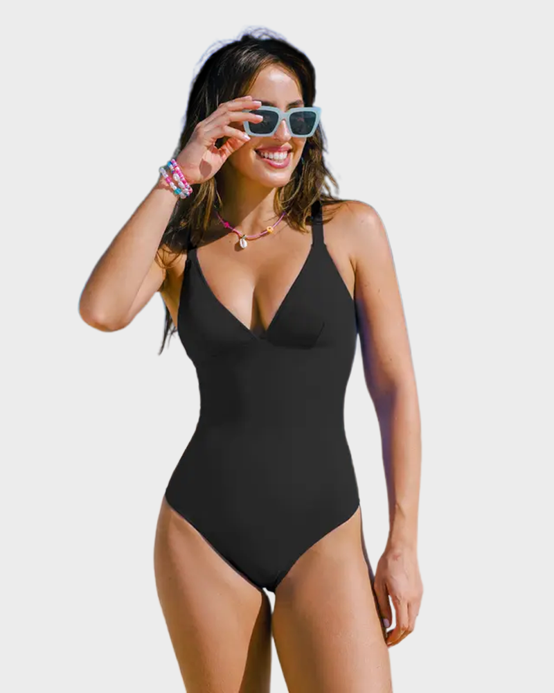 Plunging V Neck Tummy Control One Piece Swimsuit Adjustable Lace Up Back