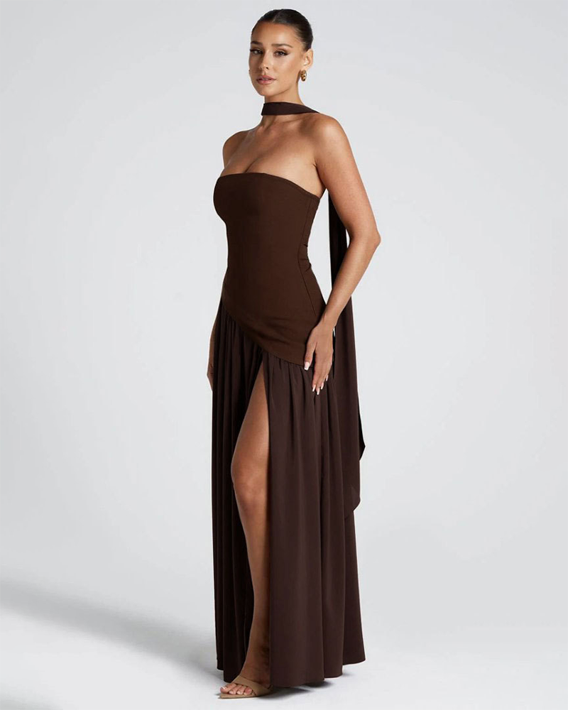 Women's Plain Split Thigh Strapless Bodycon Tube Dress