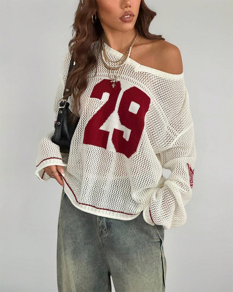 Hollow Football Y2K Long Sleeve Sweater Women's Streetwear Retro Casual Pullover