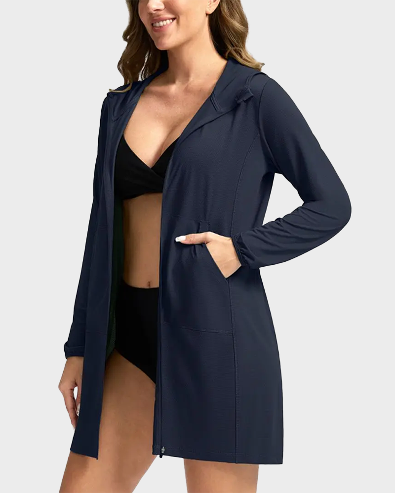Women's UPF 50+ Crochet Hooded Long Beach Cover Up Bikini Jacket Lightweight