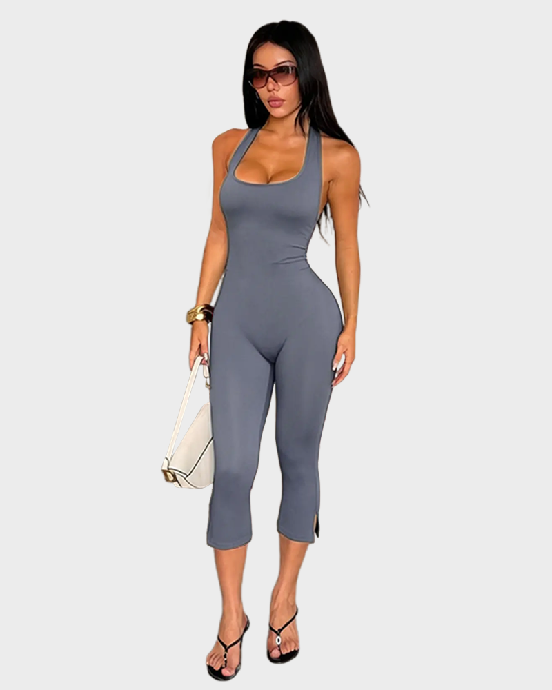Women's Solid Color Sleeveless Halter Neck Skinny Fit Casual Comfy Jumpsuit