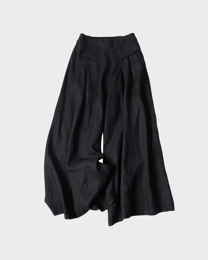 Cotton Linen Elastic Waist Wide Leg Culottes for Women with Pockets Capri Palazzo Pants