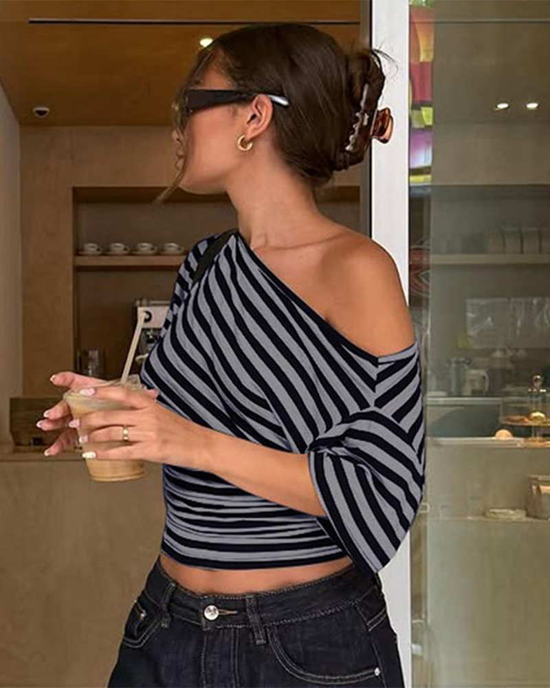 Asymmetrical One Shoulder Striped Asymmetrical Short Sleeve Top