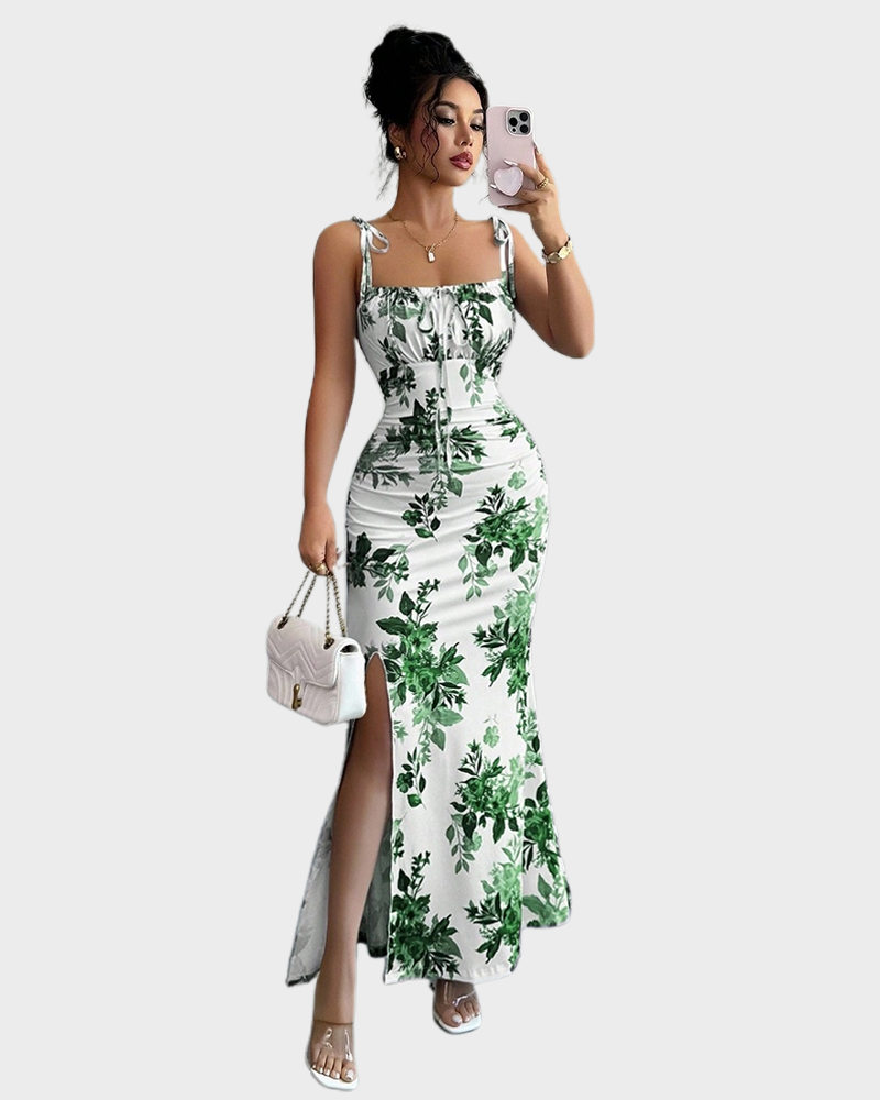 Fine Strap Bow Waist Floral Ruched Hem Slit Fitted Casual Slimming Elegant Dress