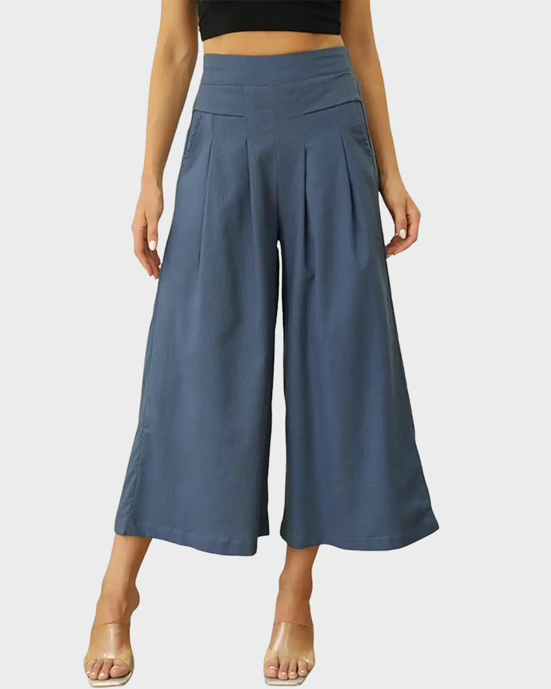 Cotton Linen Elastic Waist Wide Leg Culottes for Women with Pockets Capri Palazzo Pants