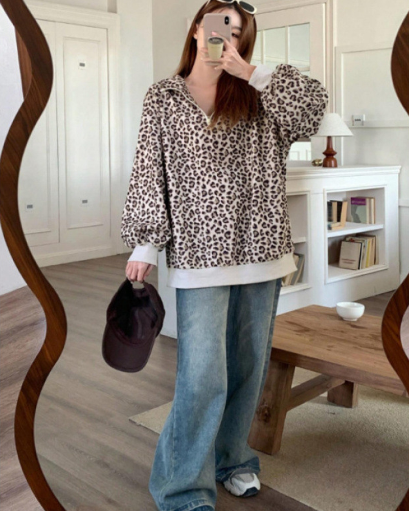 Leopard Print Oversized Half Zip Drop Shoulder Long Sleeve Casual Streetwear Top