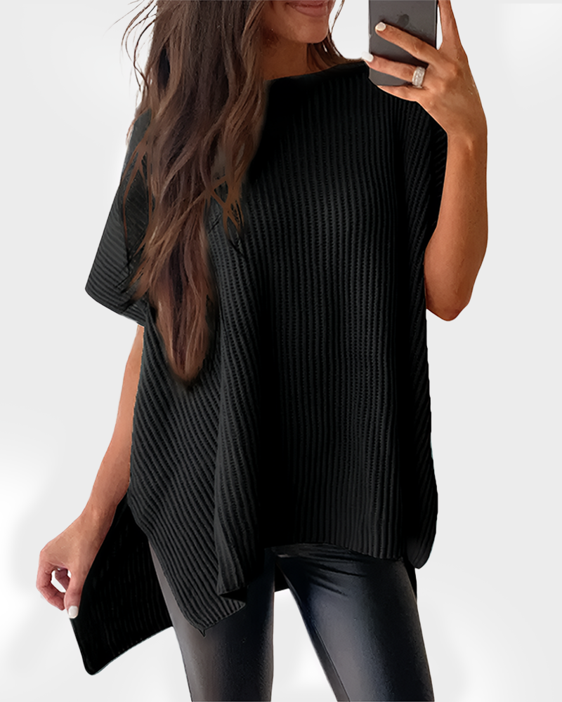 Summer Vibes Oversized Ribbed Crew Neck Knit Top with Side Slit