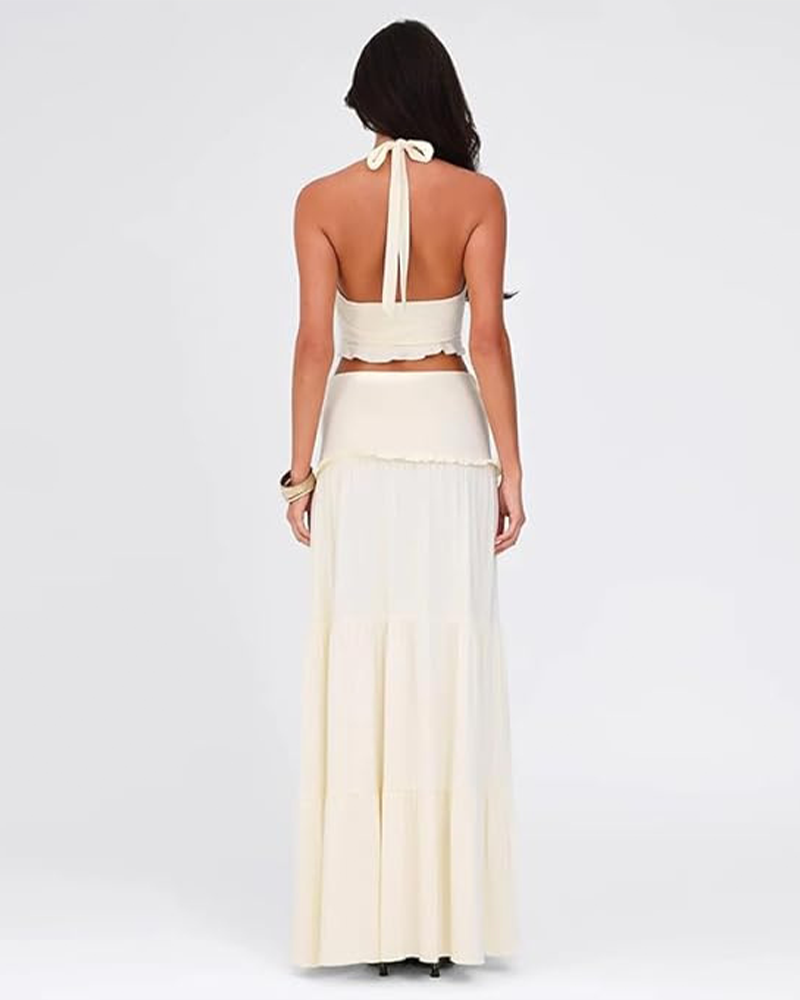 Plunge Halter Crop Top & Ruched Skirt Set Sleeveless Bodycon Summer Outfit