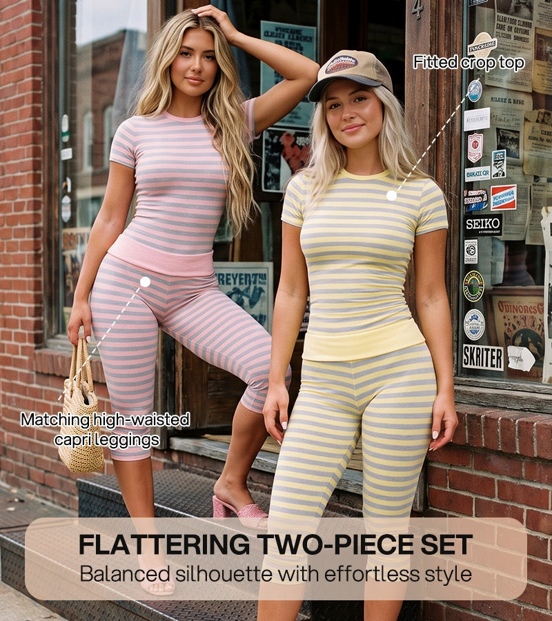 Striped Crew Neck High Waist Stretch Fitted Crop Top & Capri Leggings Lounge Set