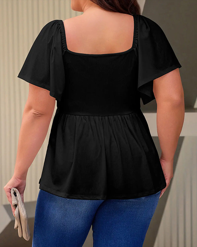 Plus Size Short Sleeve Sweetheart Neck Shirred Peplum Top Blouse