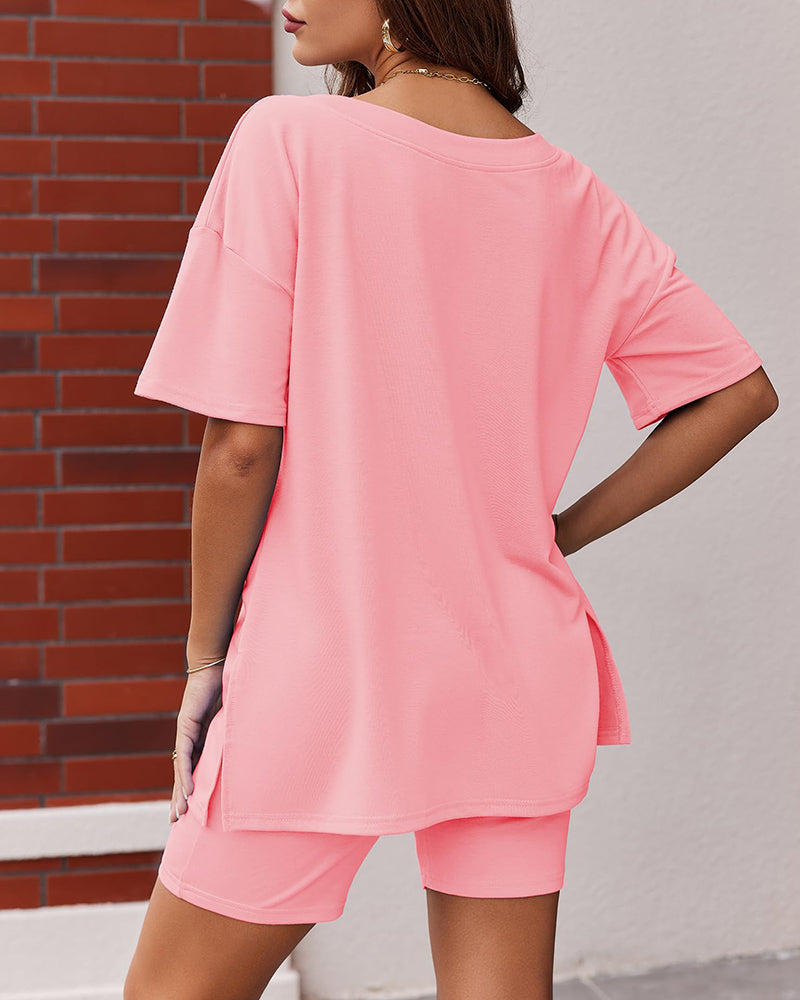 V Neck Oversized Shirt & Biker Shorts 2 Piece Lounge Set