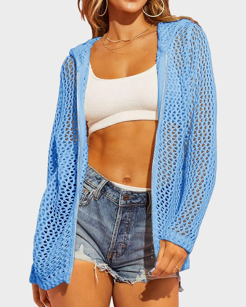 Crochet Lightweight Hooded Zip Up Mesh Beach Swimsuit Cover Up