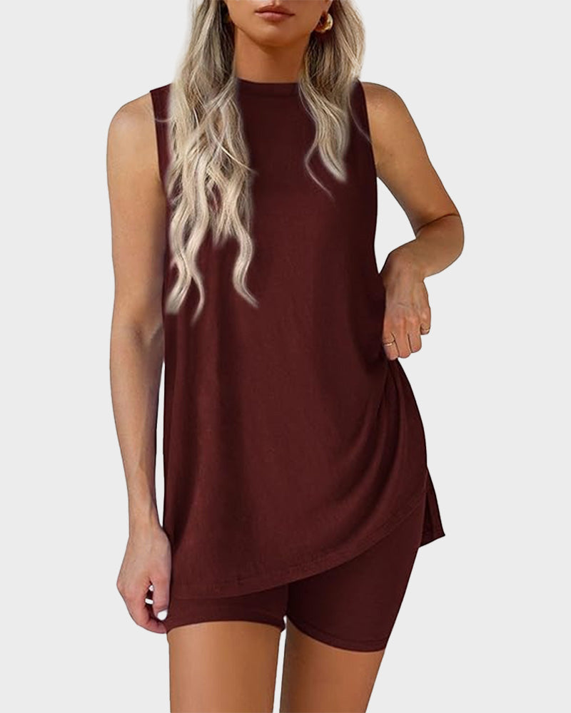 Sleeveless Crewneck 2 Piece Shorts Set Split Hem Casual Basic Fitted Homewear