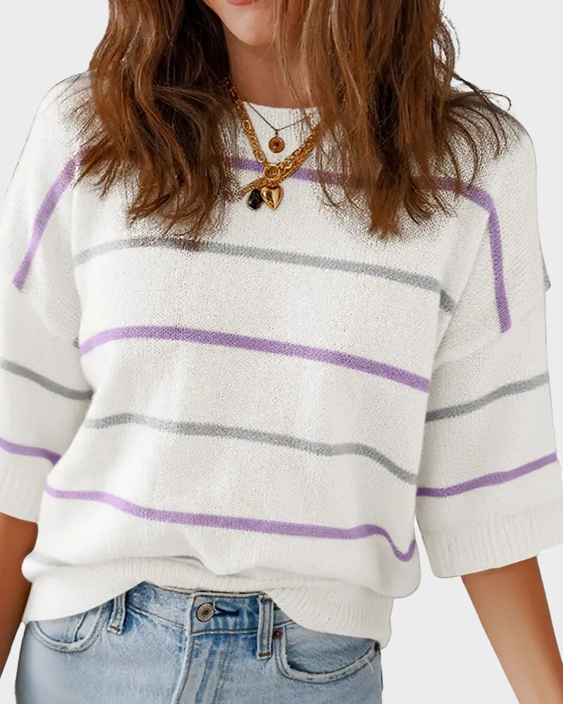 Striped Baggy Pullover Short Sleeve Round Neck Ribbed Cuff Top