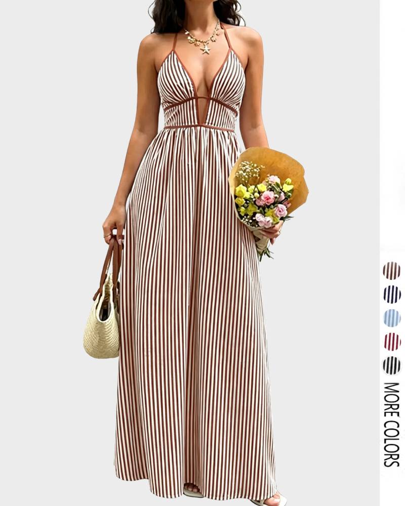 French Stripe Halter Dress Deep V Waist Cinch Color Block Floor Length Beach Dress