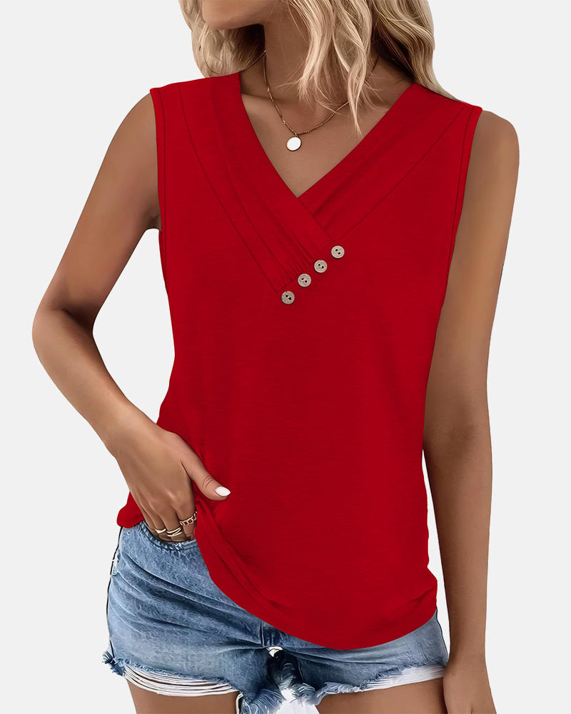 Summer Button Down V Neck Sleeveless Loose Fit Fashion Top