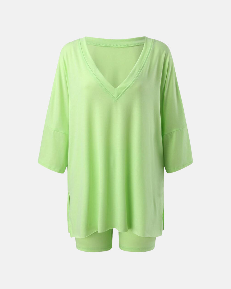 V Neck Oversized Shirt & Biker Shorts 2 Piece Lounge Set