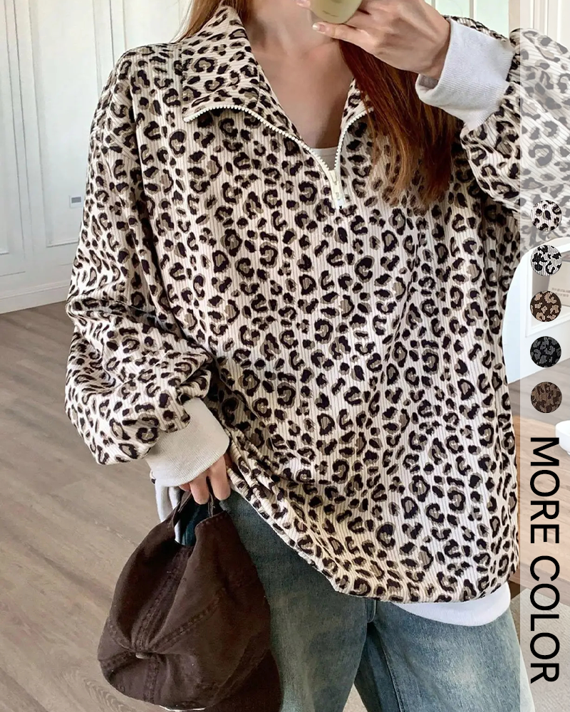 Leopard Print Oversized Half Zip Drop Shoulder Long Sleeve Casual Streetwear Top
