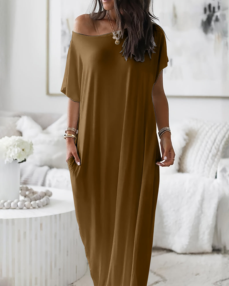 Batwing Sleeve Casual Lounge Dress Comfy Short Sleeve Nightdress