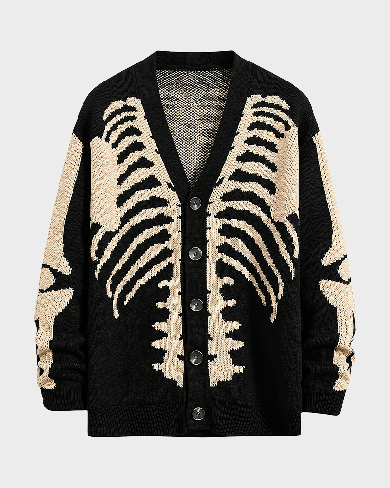 Skeleton Print Long Sleeve V Neck Button Front Loose Drop Shoulder Soft Knit Halloween Fall Top