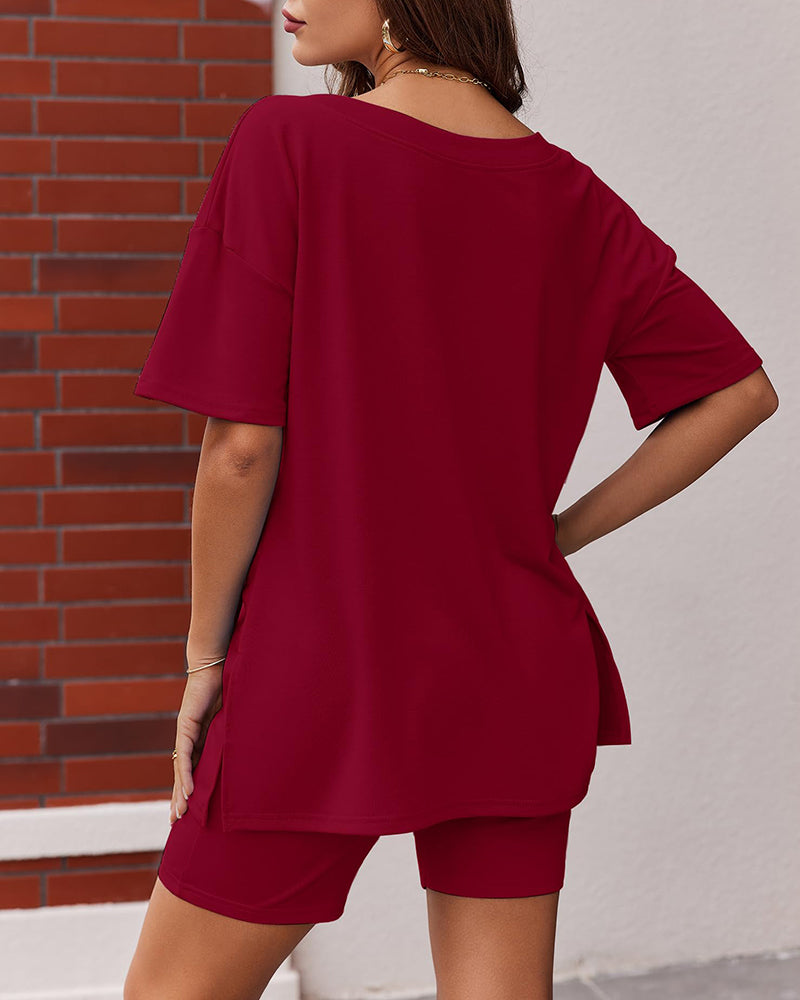 V Neck Oversized Shirt & Biker Shorts 2 Piece Lounge Set