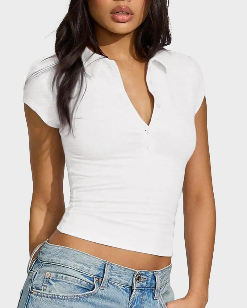 V Neck Short Sleeve Button Front Slim Fit Comfortable Stylish Casual Polo Shirt