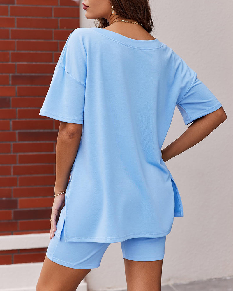 V Neck Oversized Shirt & Biker Shorts 2 Piece Lounge Set