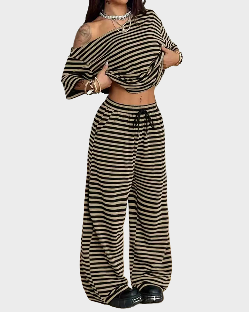 Casual Sporty Off Shoulder Top & Wide Leg Pants Daily Wear 2 Piece Set