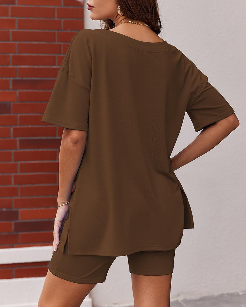 V Neck Oversized Shirt & Biker Shorts 2 Piece Lounge Set