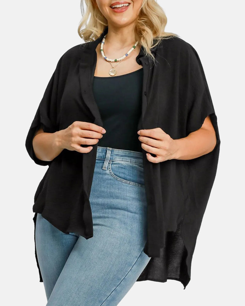 V Neck Batwing Short Sleeve Button Down Oversized Minimalist Blouse