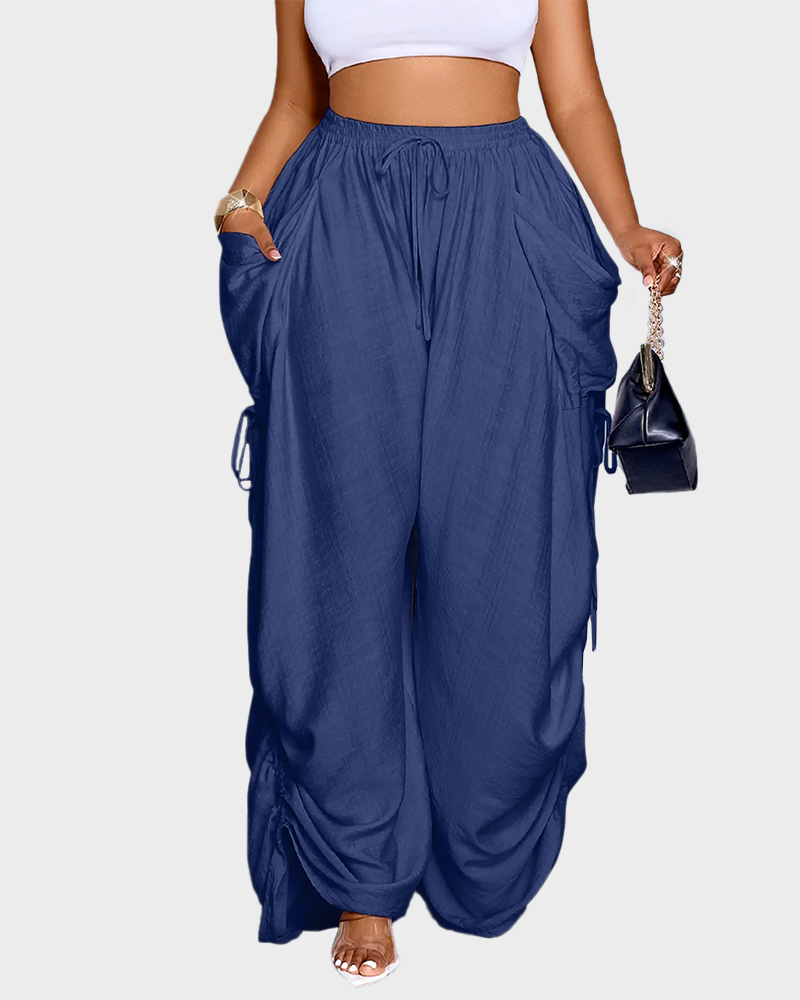 Women's Loose Fit Wide Leg Drawstring Pants Woven Plain