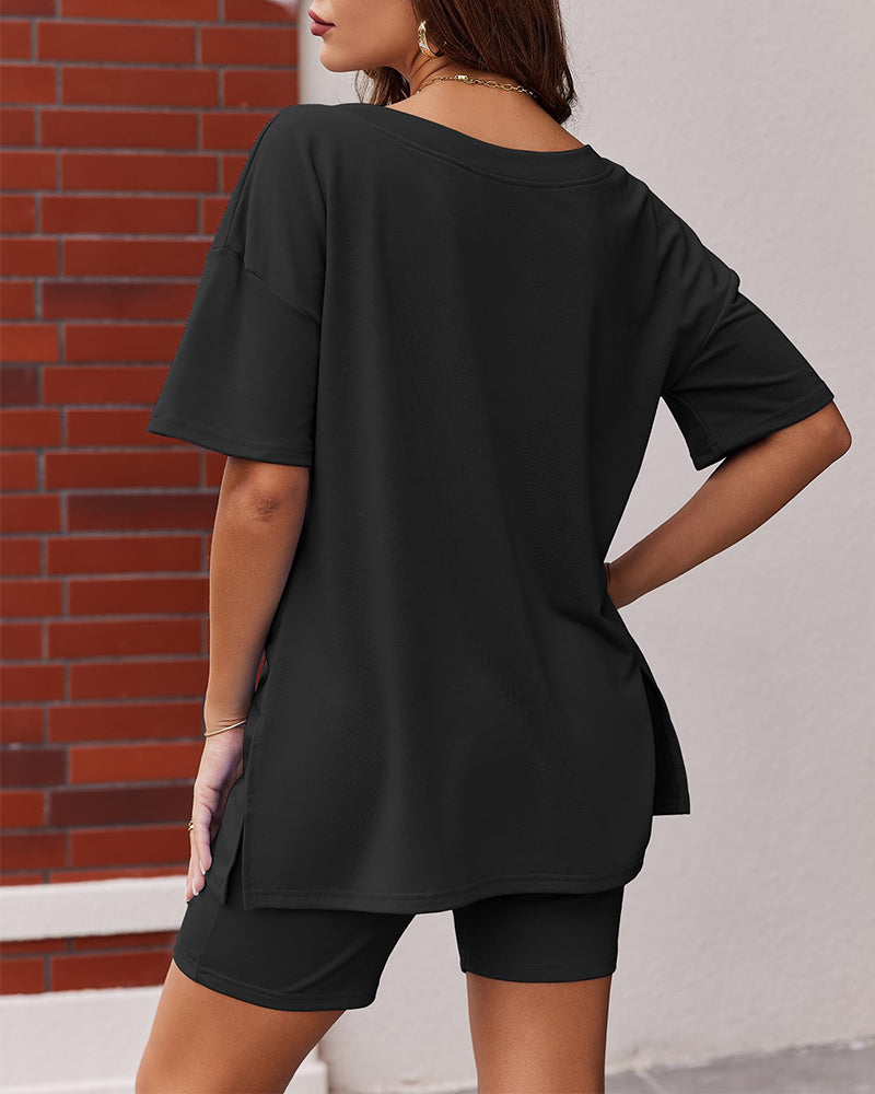 V Neck Oversized Shirt & Biker Shorts 2 Piece Lounge Set