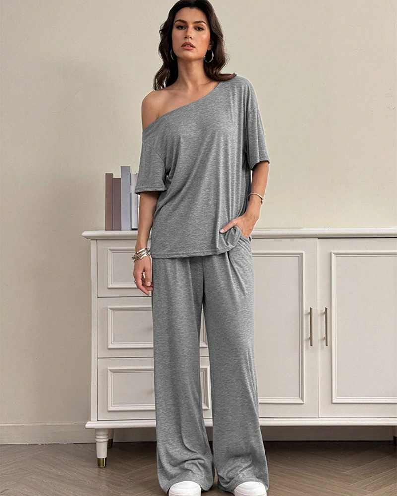 Casual Sporty Off Shoulder Top & Wide Leg Pants Daily Wear 2 Piece Set