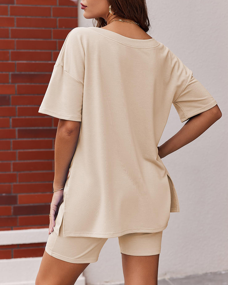 V Neck Oversized Shirt & Biker Shorts 2 Piece Lounge Set