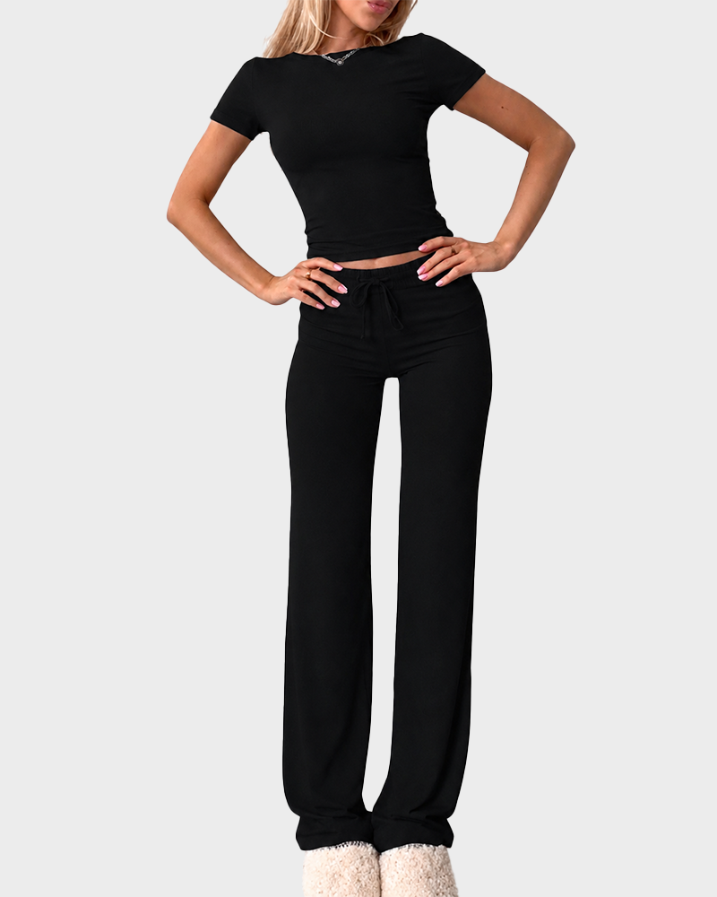 2 Piece Crop Tee & Drawstring Pants Set Round Neck Comfy Lounge Sleepwear