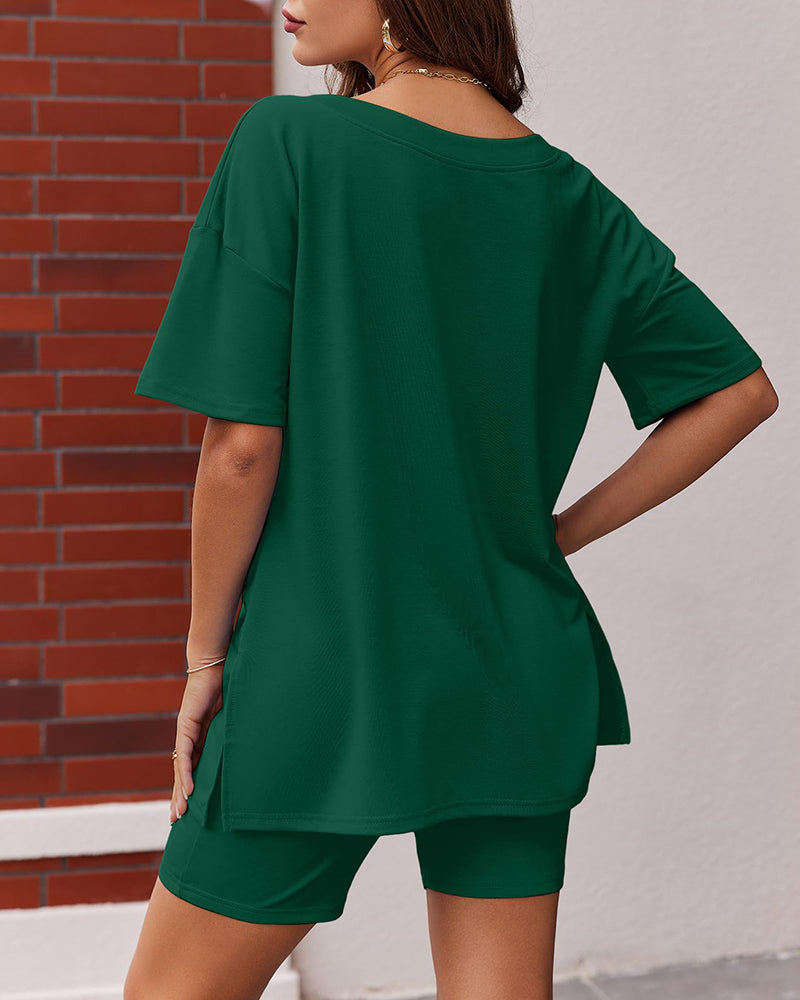 V Neck Oversized Shirt & Biker Shorts 2 Piece Lounge Set