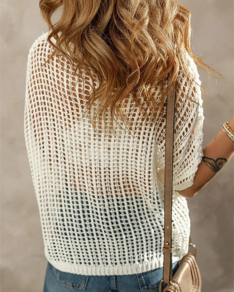 Scoop Neck Short Sleeve Crochet Hollow Out Knit Pullover Top Beach Coverup