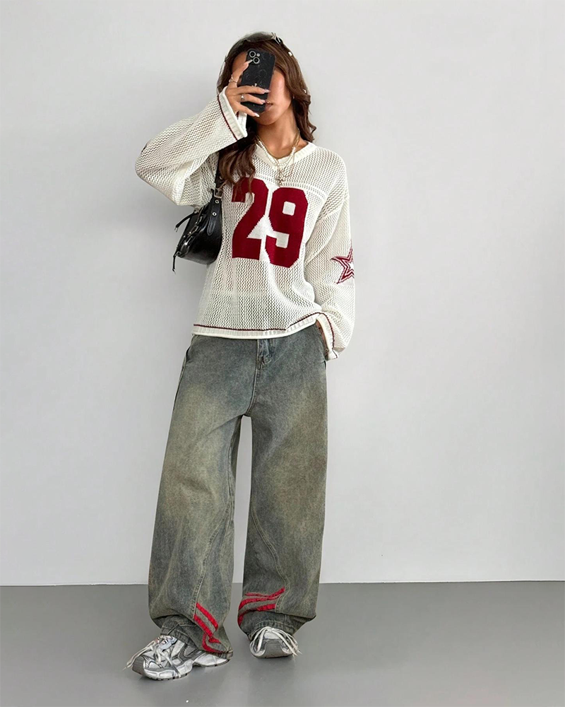 Hollow Football Y2K Long Sleeve Sweater Women's Streetwear Retro Casual Pullover