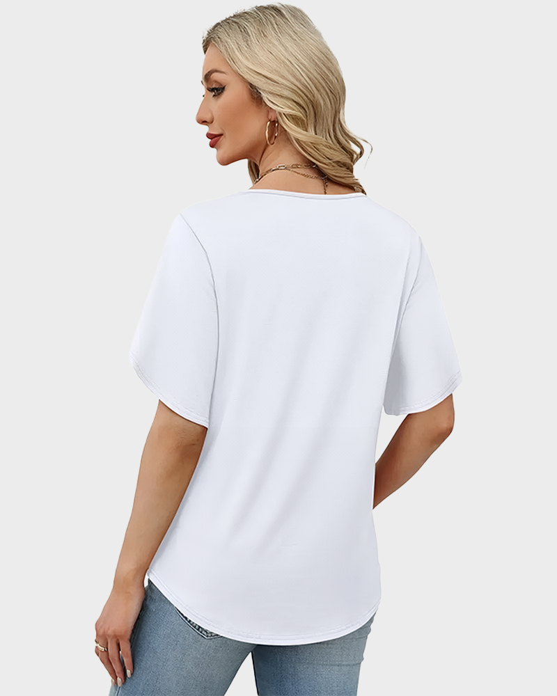 Women's Summer V Neck Short Petal Sleeve Blouse Casual Fashion Top