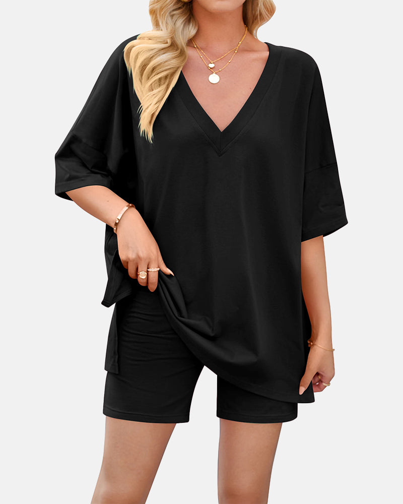 V Neck Oversized Shirt & Biker Shorts 2 Piece Lounge Set