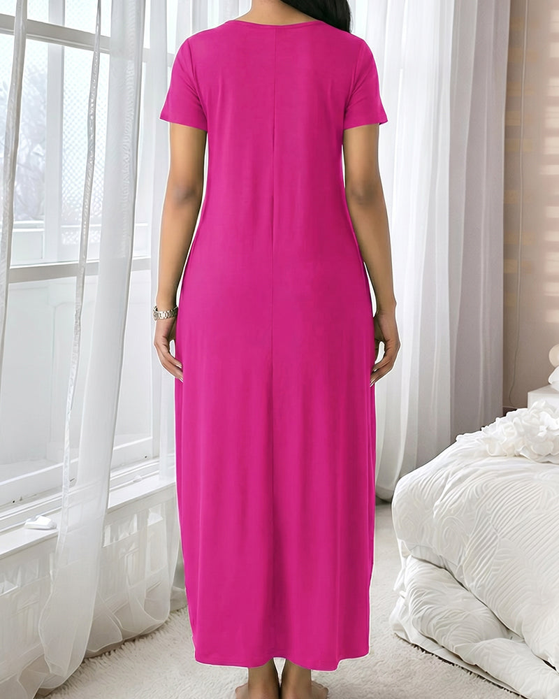 Fitted Short Sleeve Pocket Soft Loungewear Sleepwear Dress