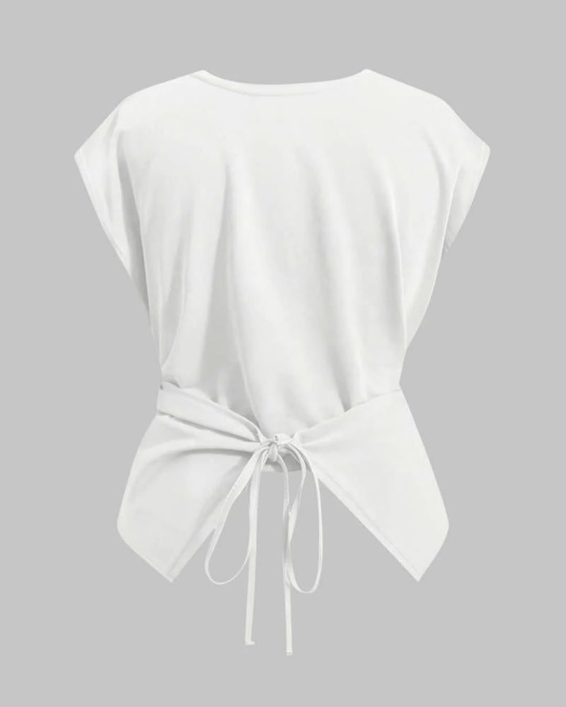 Plus Size Round Neck Short Sleeve Tie T-Shirt