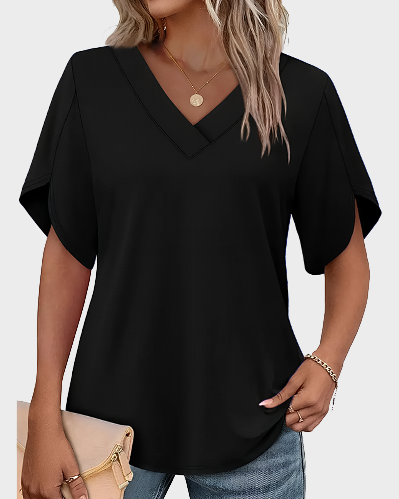 Women's Summer V Neck Short Petal Sleeve Blouse Casual Fashion Top