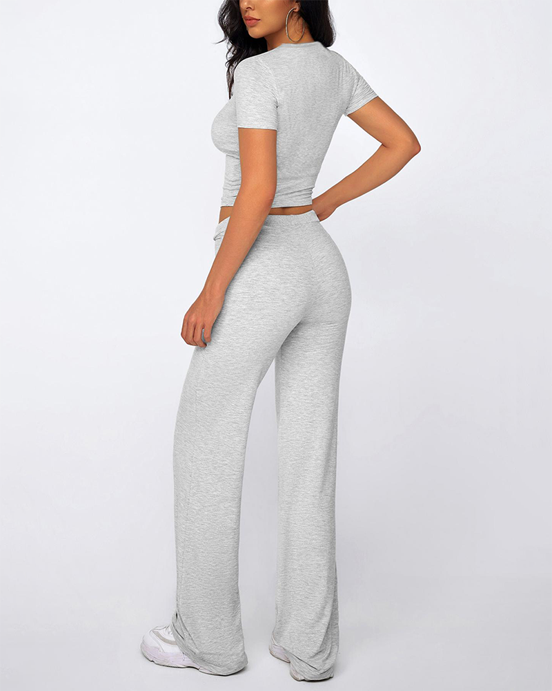 2 Piece Crop Tee & Drawstring Pants Set Round Neck Comfy Lounge Sleepwear